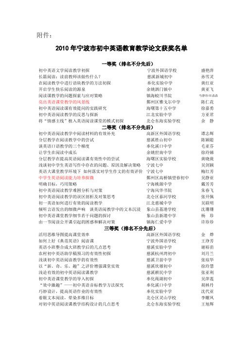 2010年宁波市初中英语教育教学论文获奖名单
