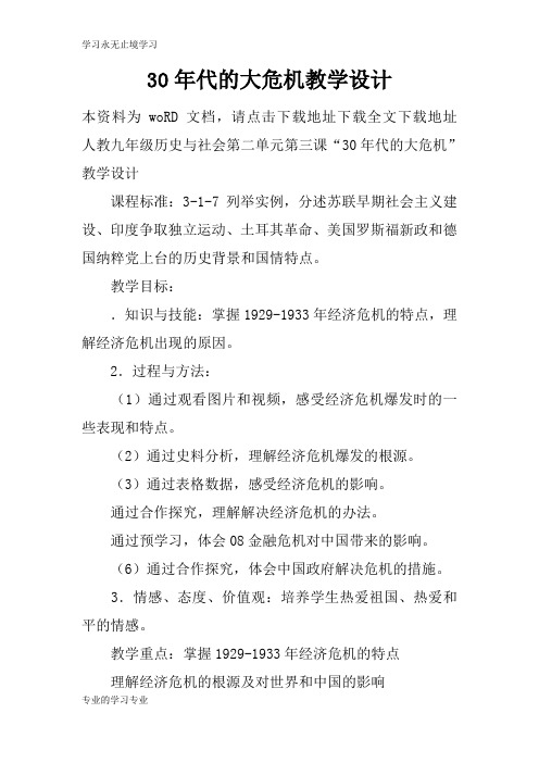 30年代的大危机上课教学方案设计