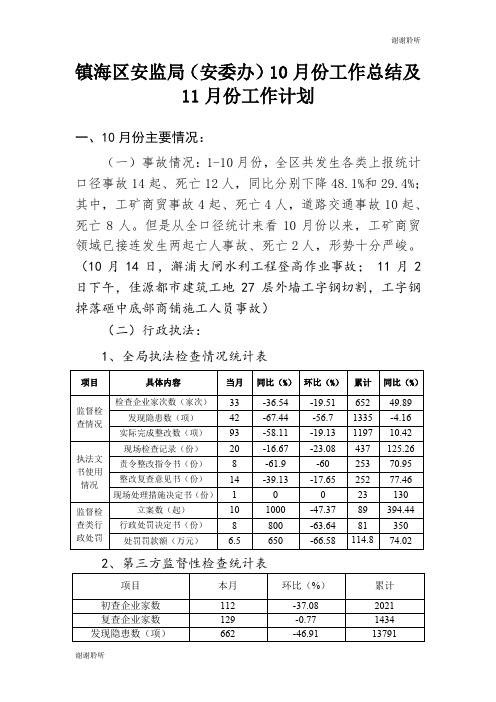 镇海区安监局(安委办)10月份工作总结及11月份工作计划 .doc