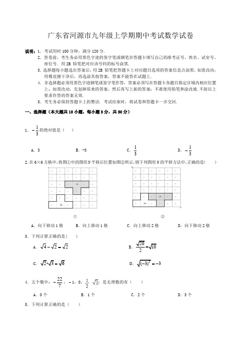 广东省河源九年级上学期期中考试数学试卷有答案