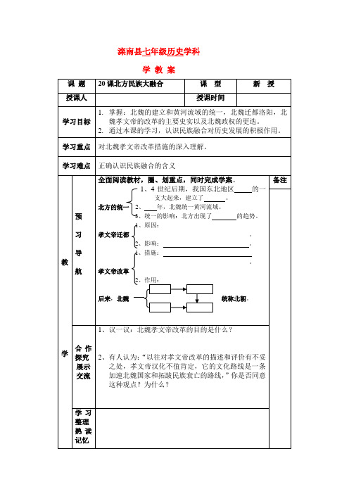 七年级历史上第20课 北方民族大融合 学案人教新课标版