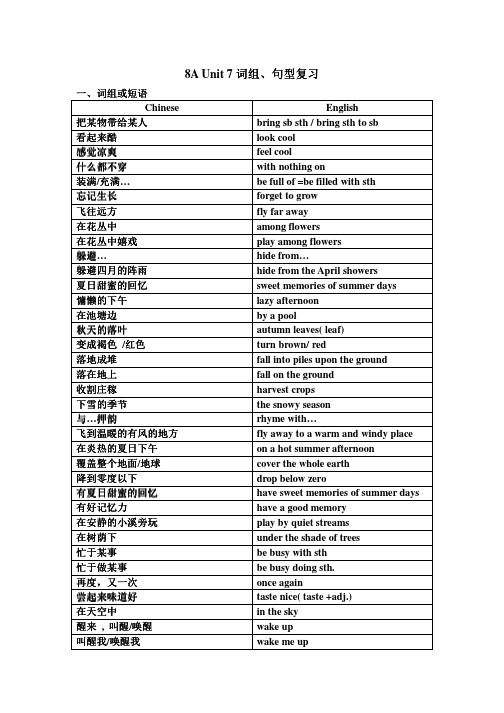 牛津译林版八年级英语上册：Unit7Seasons词组、句型复习