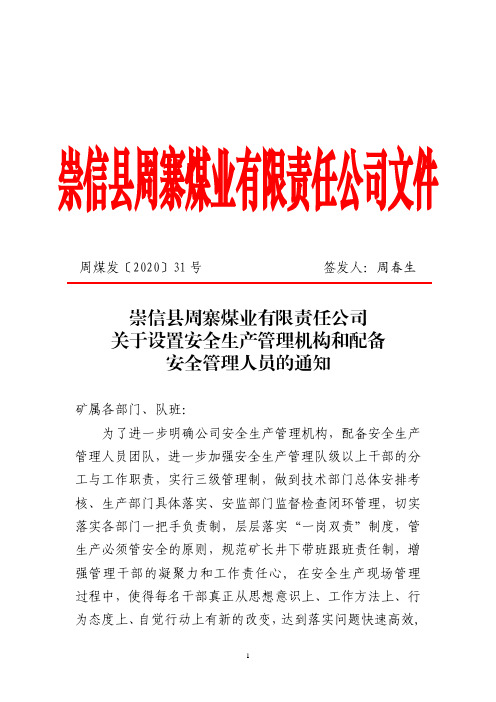 2020年31号关于设置安全生产管理机构和配备专职安全管理人员的通知(定稿)