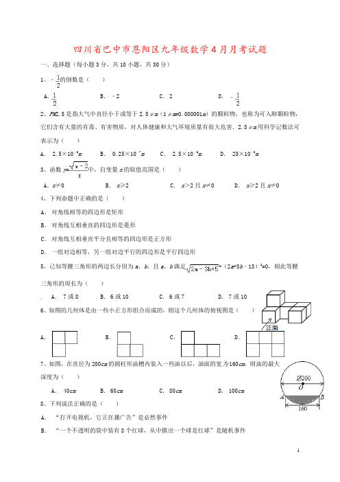 四川省巴中市恩阳区九年级数学4月月考试题
