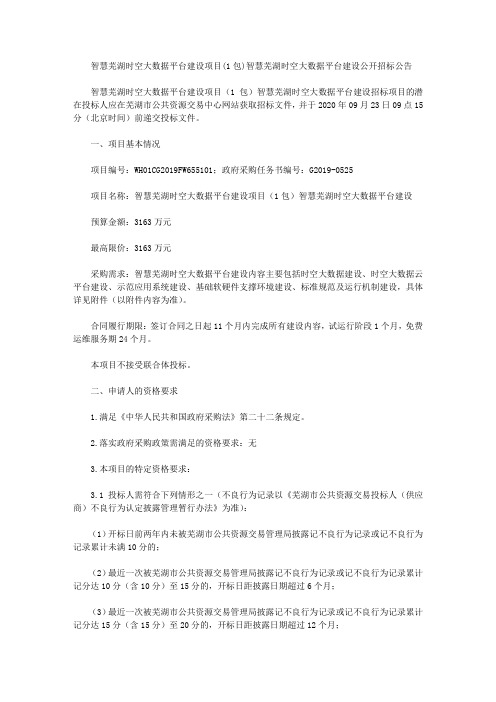 智慧芜湖时空大数据平台建设项目(1包)智慧芜湖时空大数据平台建设公开招标公告