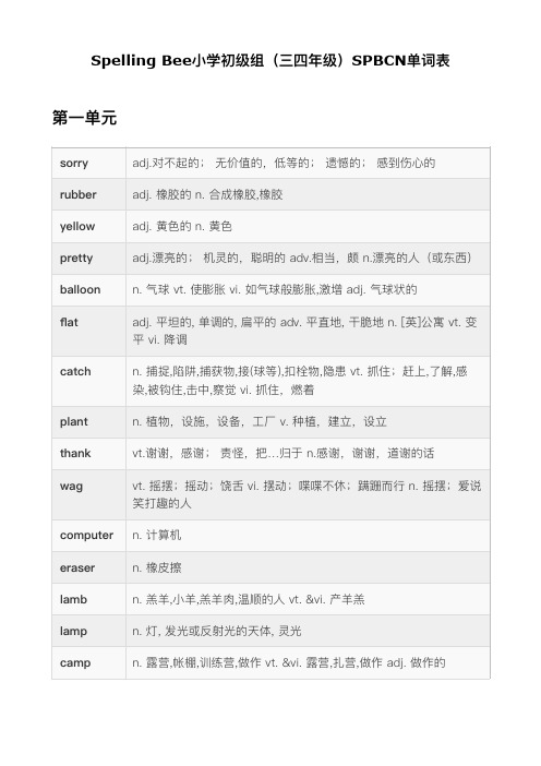 Spelling Bee小学初级组(三四年级)SPBCN词汇表