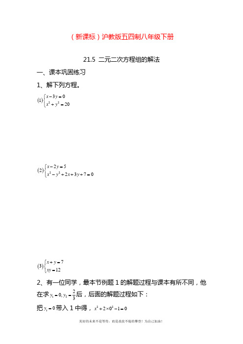 2020—2021年最新沪教版(五四制)八年级数学下册同步练习：二元二次方程组的解法.docx