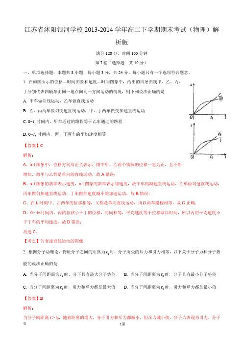江苏省沭阳银河学校2013-2014学年高二下学期期末考试(物理)解析版(1)