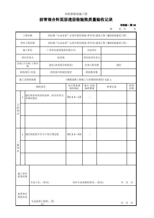 沥青混合料面层透层检验批质量验收记录