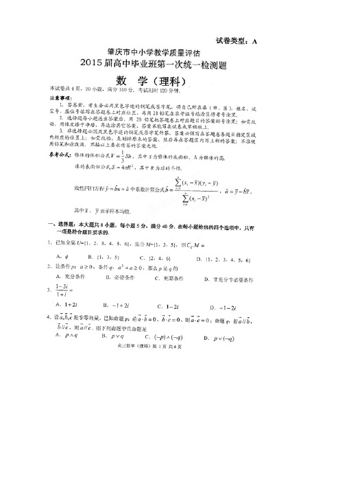 广东省肇庆市高中毕业班第一次统一检测数学(理)试题(扫描版)