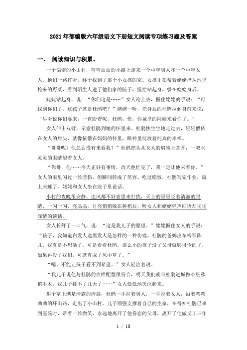 2021年部编版六年级语文下册短文阅读专项练习题及答案