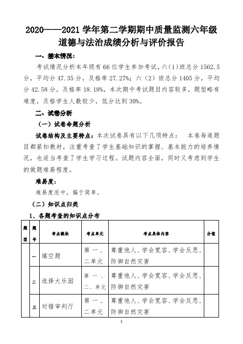 2020——2021学年第二学期期中质量监测六年级道德与法治成绩分析与评价报告