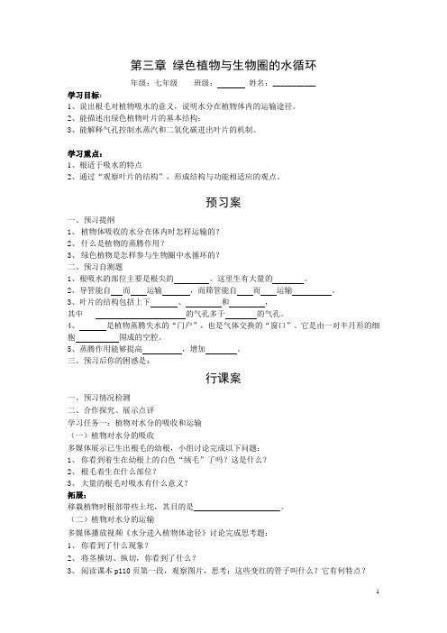 【人教版】七年级上册生物学案：第三单元第三章   绿色植物与生物圈的水循环