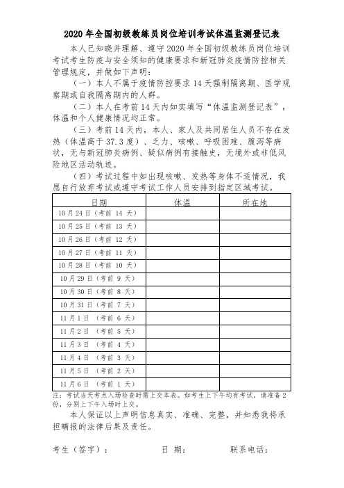2020年全国初级教练员岗位培训考试体温监测登记表