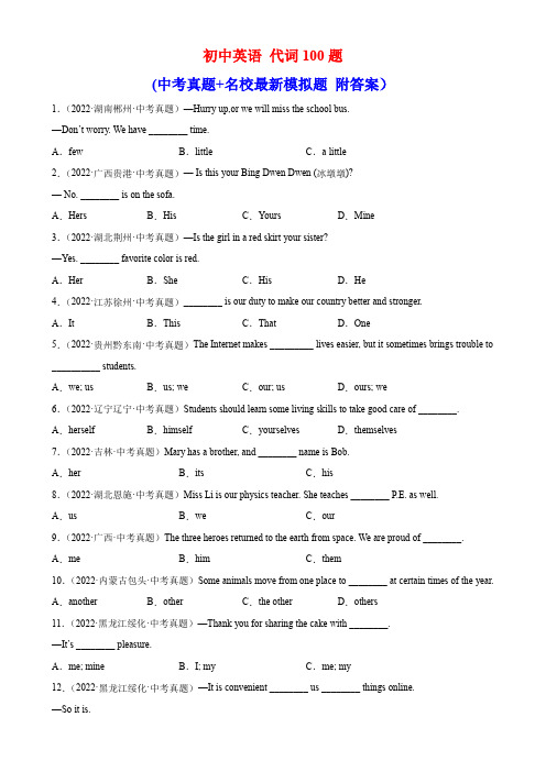 初中英语代词100题(中考真题+名校最新模拟题 附答案)