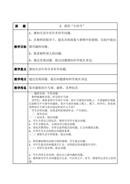 青岛版科学一年级上册：2017年一年级科学我的小问号教案