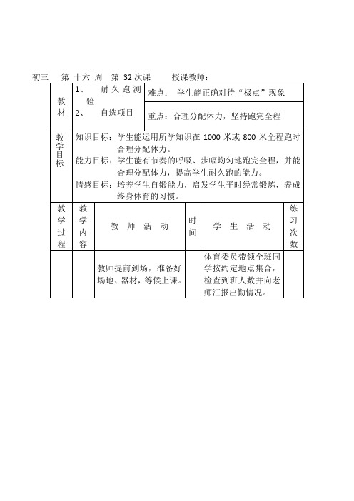 最新初中体育与健康九年级下册《耐久跑测验自选项目》表格式教案设计