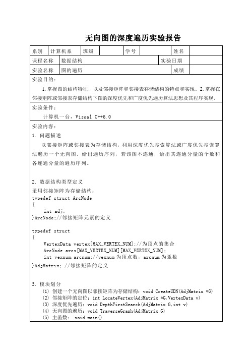 无向图深度遍历邻接矩阵报告