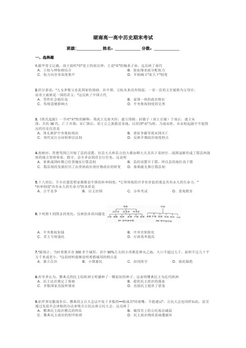 湖南高一高中历史期末考试带答案解析

