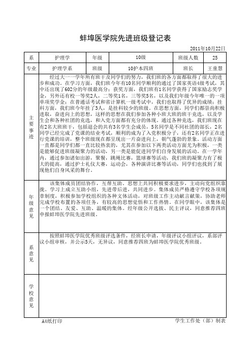 优秀班级评审登记表模版