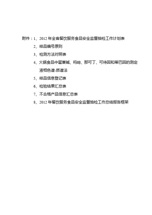 012年全餐饮服务食品安全监督抽检工作计划表