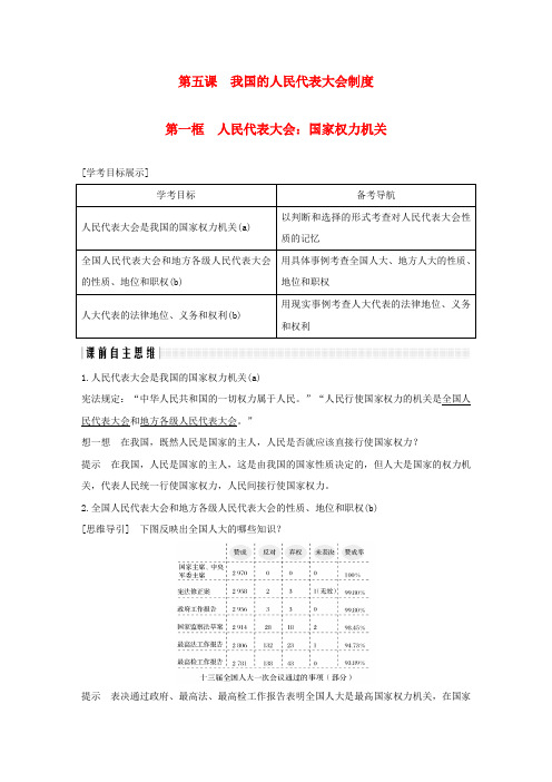 浙江高中政治第五课我国的人民代表大会制度第一框人民代表大会：国家权力机关讲义