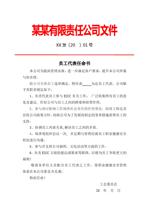 红头文件-员工代表任命书