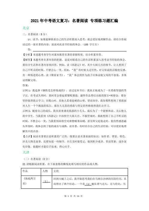 2021年中考语文复习：名著阅读 专项练习题汇编(含答案)