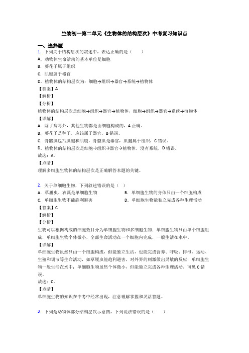 生物初一第二单元《生物体的结构层次》中考复习知识点