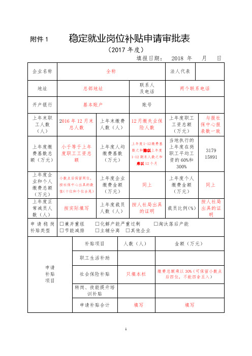 稳定就业岗位补贴申请审批表