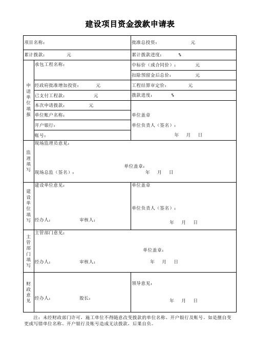建设项目资金拨款申请表