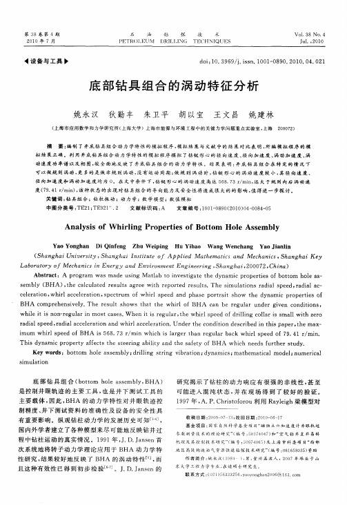 底部钻具组合的涡动特征分析