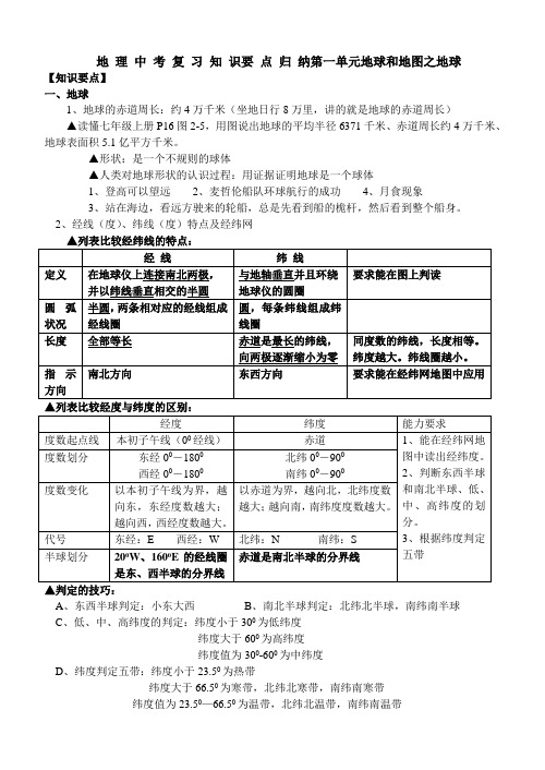 地 理 中 考 复 习 知 识要 点 归 纳第一单元地球和地图之地球