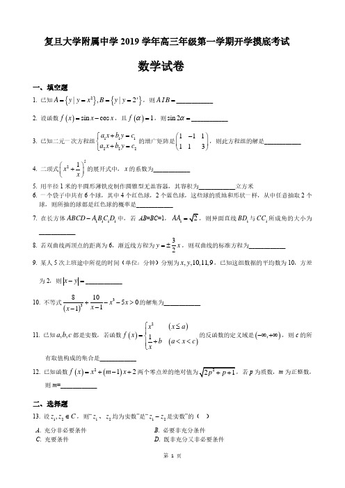 上海市复旦大学附属中学2019学年第一学期高三年级开学摸底考试数学试题  含答案