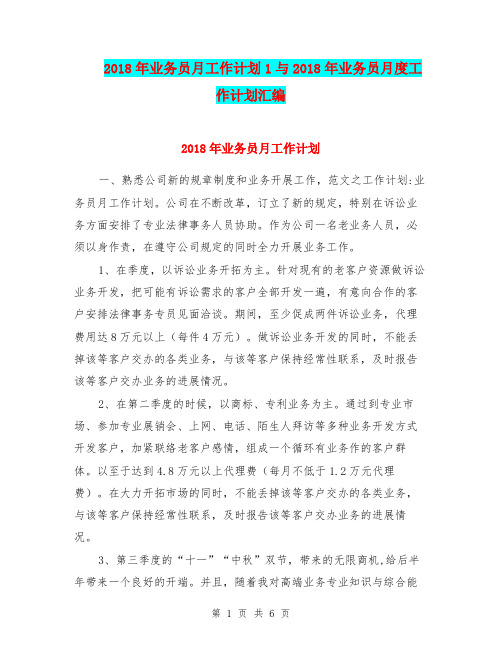 2018年业务员月工作计划1与2018年业务员月度工作计划汇编.doc