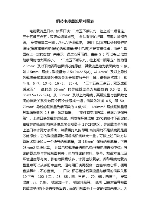 铜芯电缆载流量对照表
