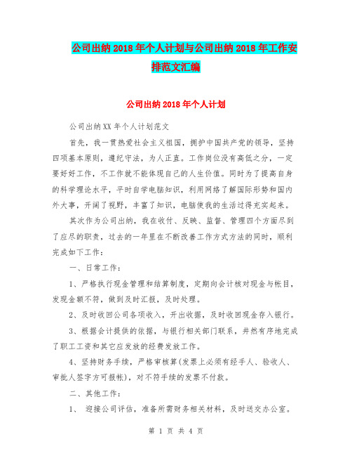 公司出纳2018年个人计划与公司出纳2018年工作安排范文汇编.doc