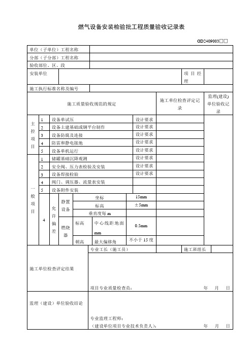 燃气设备安装检验批工程质量验收记录表