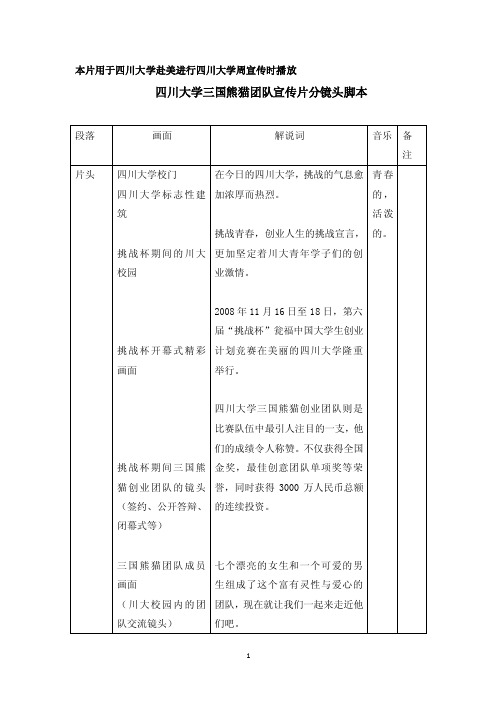 四川大学三国熊猫团队宣传片分镜头脚本