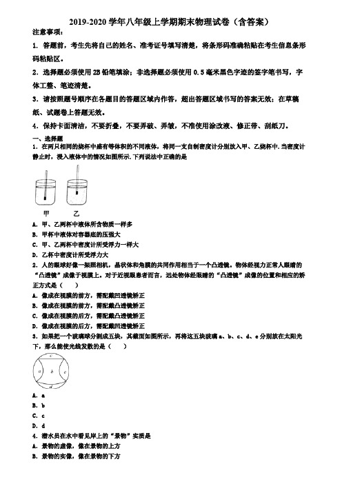 重庆市万州区2019-2020学年物理八年级上学期期末调研测试题