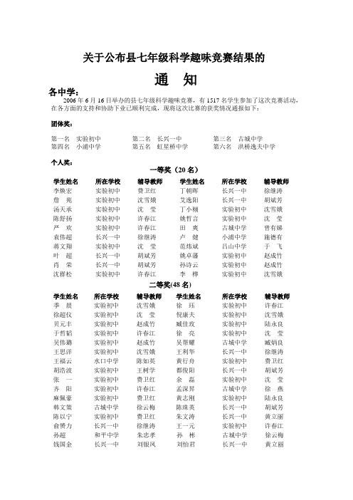关于公布县七年级科学趣味竞赛结果的