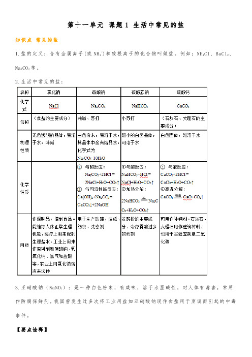 人教版九年级下册 第十一单元 课题1 生活中常见的盐 知识点总结归纳
