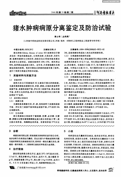 猪水肿病病原分离鉴定及防治试验