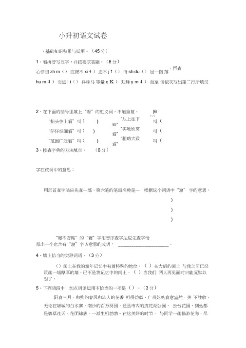 (word完整版)苏教版小升初语文测试