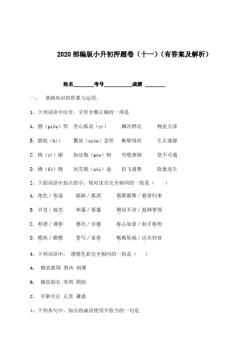 【名师预测】2020年小升初语文押题卷(十一)-人教部编版(含答案,含解析)