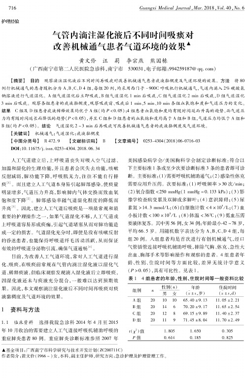 气管内滴注湿化液后不同时间吸痰对改善机械通气患者气道环境的效果