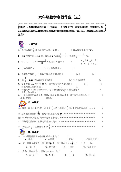 射阳县明达双语实验小学六年级数学寒假作业(五)