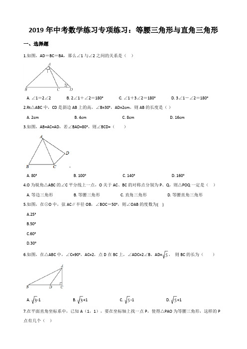 2019年中考数学练习专项练习：等腰三角形与直角三角形