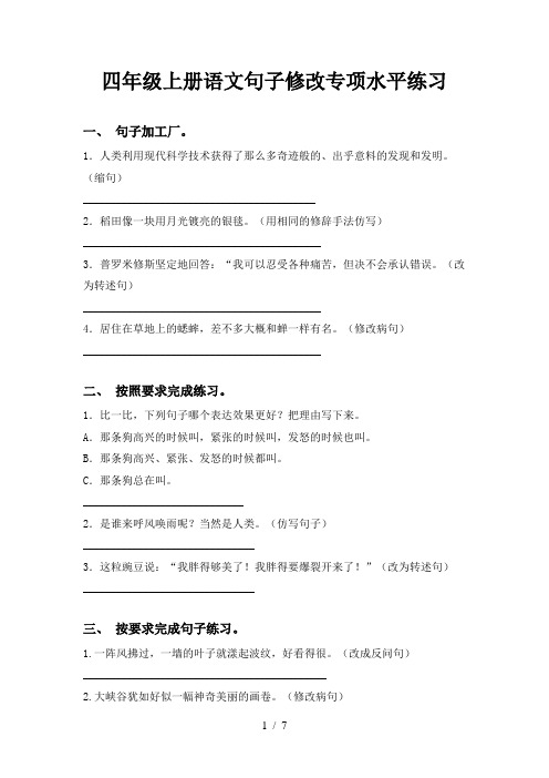四年级上册语文句子修改专项水平练习
