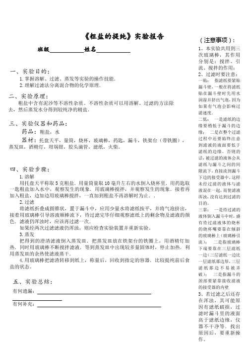 粗盐的提纯 实验报告单